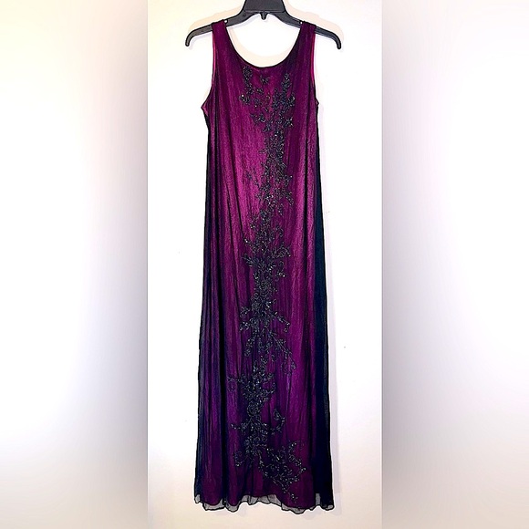 Brilliante By J.A. Beautiful Hot Pink, Purple & Black Beaded Maxi Dress! Size M. - Picture 1 of 9